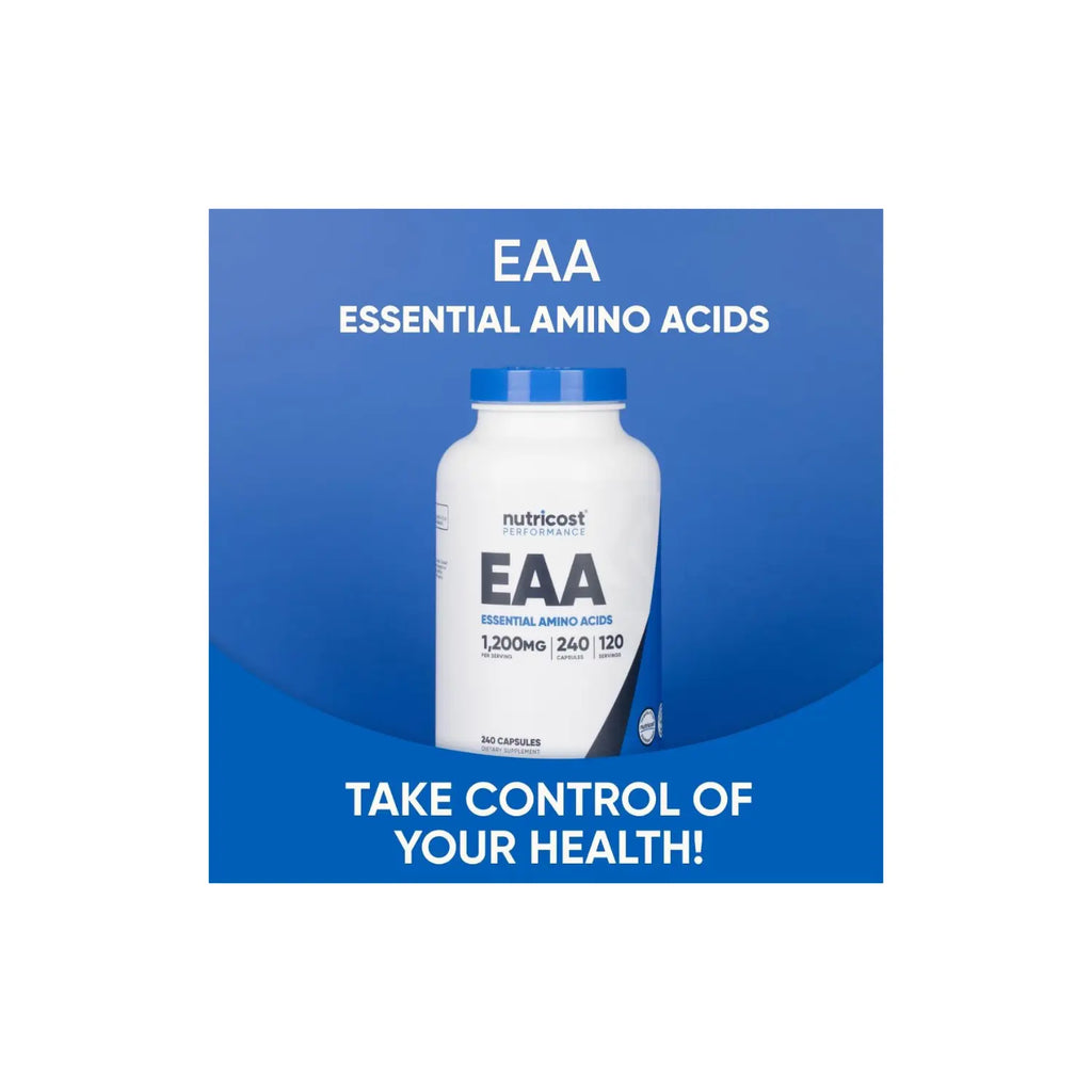 Nutricost EAA Cápsulas - 1200 mg de Aminoácidos Esenciales por Porcion - 240 Cápsulas - 120 Ser -Sin OMG - Sin gluten - Veganas