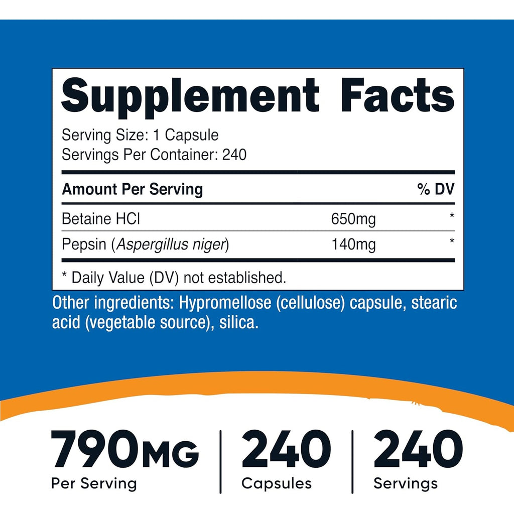 Nutricost Betaína HCl + Pepsina 790 mg 240 Cápsulas Vegetales