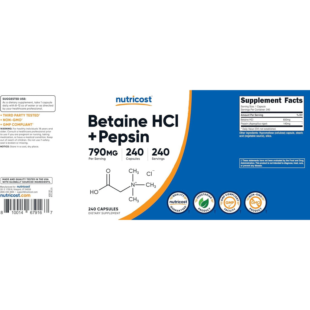 Nutricost Betaína HCl + Pepsina 790 mg 240 Cápsulas Vegetales