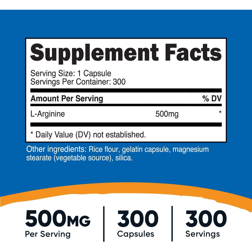 Nutricost L-Arginina 500 mg 300 Cápsulas