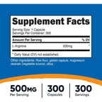 Nutricost L-Arginina 500 mg 300 Cápsulas