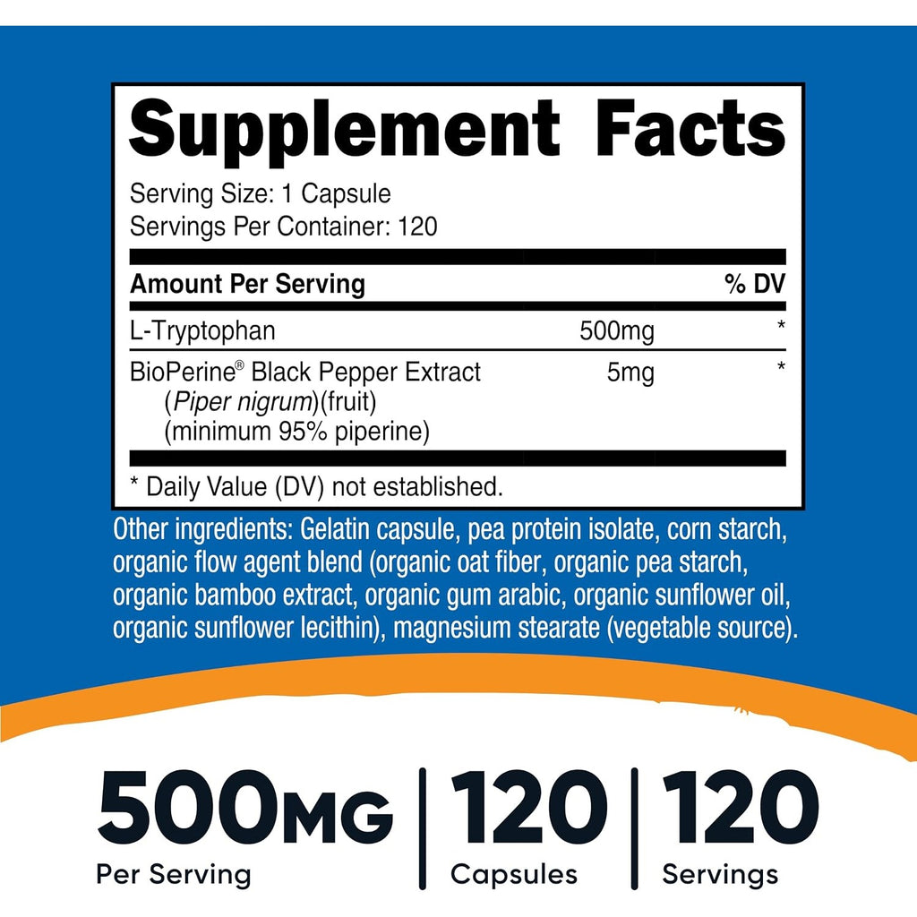 Nutricost L-Triptófano con BioPerine 500 mg 120 Cápsulas