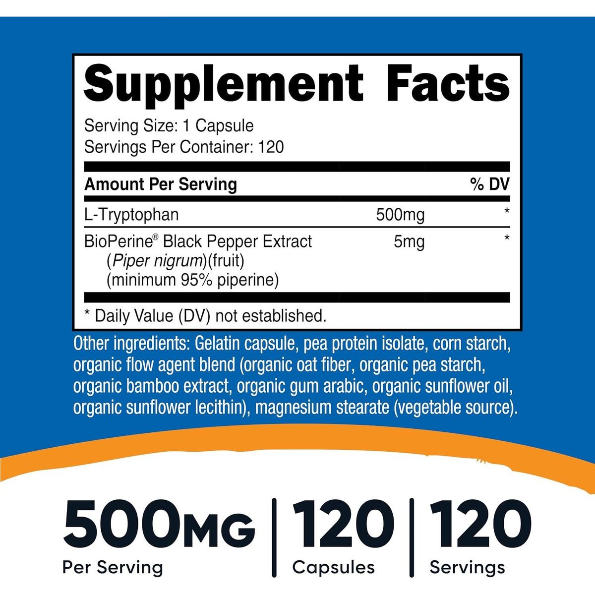 Nutricost L-Triptófano con BioPerine 500 mg 120 Cápsulas