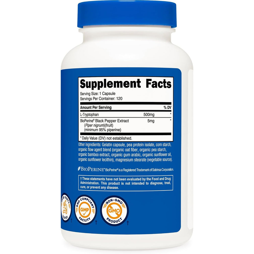 Nutricost L-Triptófano con BioPerine 500 mg 120 Cápsulas