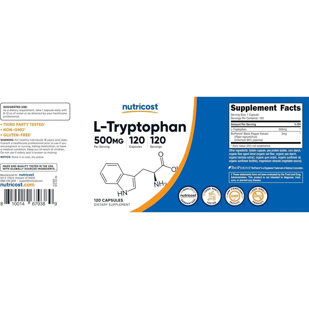 Nutricost L-Triptófano con BioPerine 500 mg 120 Cápsulas
