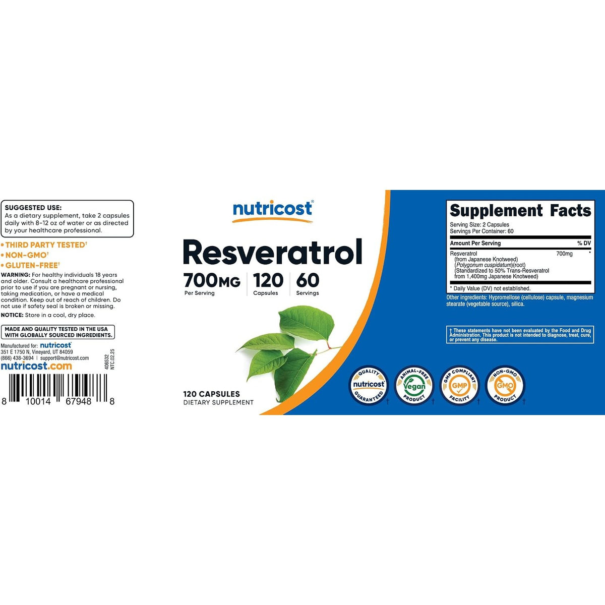 Nutricost Resveratrol Antioxidante 700 Mg 120 Cápsulas