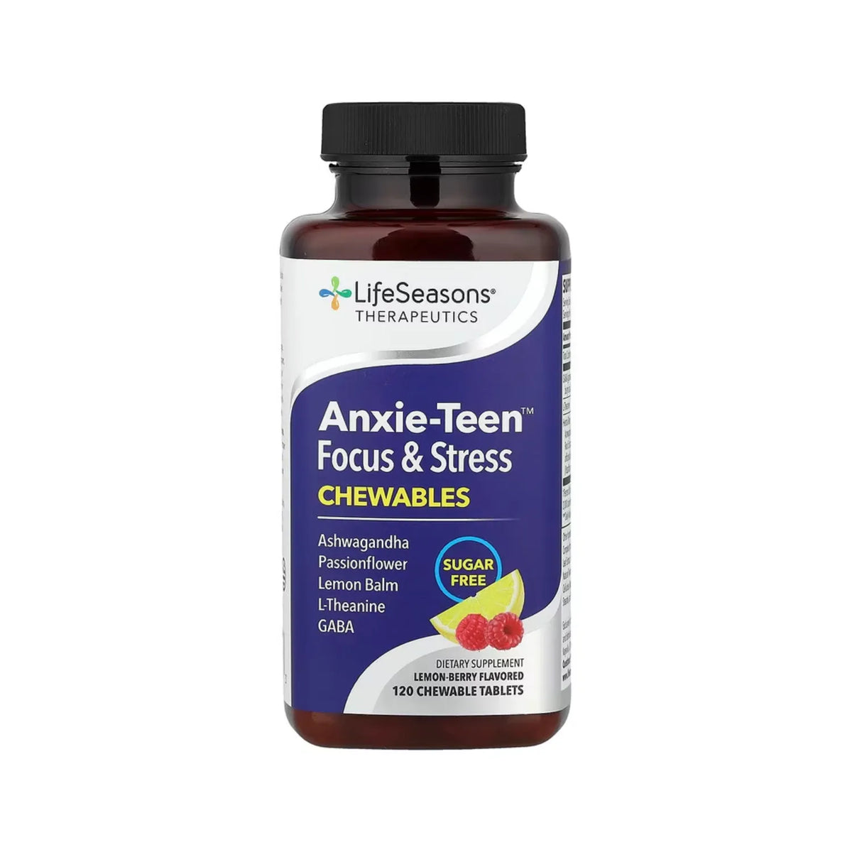 LifeSeasons, Therapeutics, Anxie-teen™ Focus And Stress, (Soporte Al Estrés y la Concentración) Limón Y Bayas, 120 Tabletas Masticables
