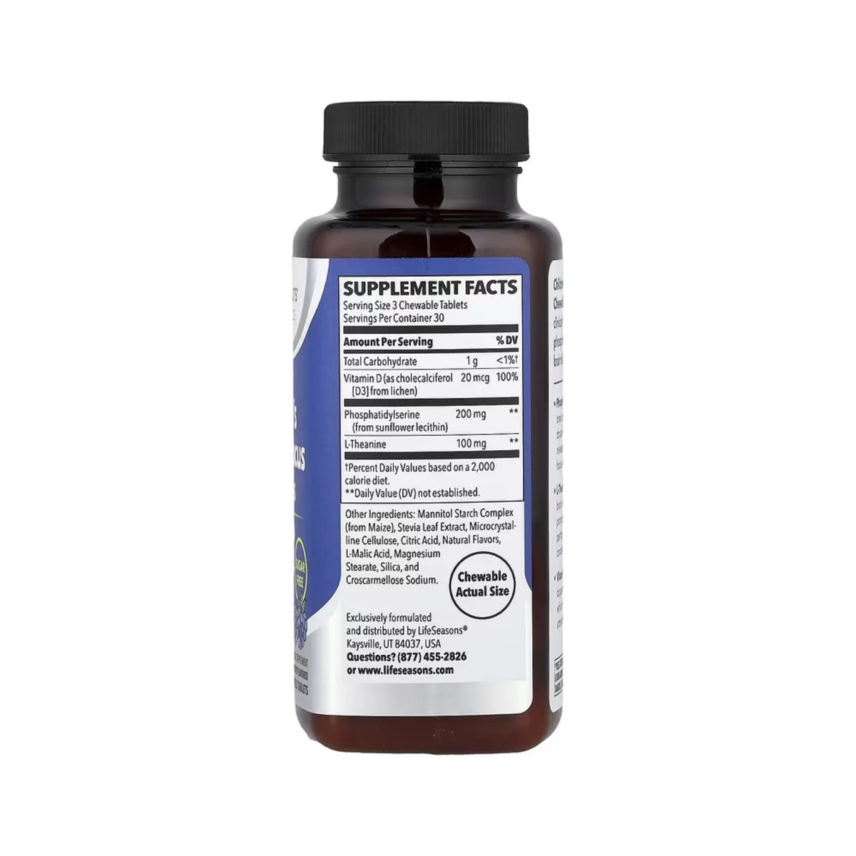 LifeSeasons, Calma + Concentración, Para Niños (Apoya La Función Cognitiva Saludable), Frambuesa Azul, 90 Tabeltas Masticables