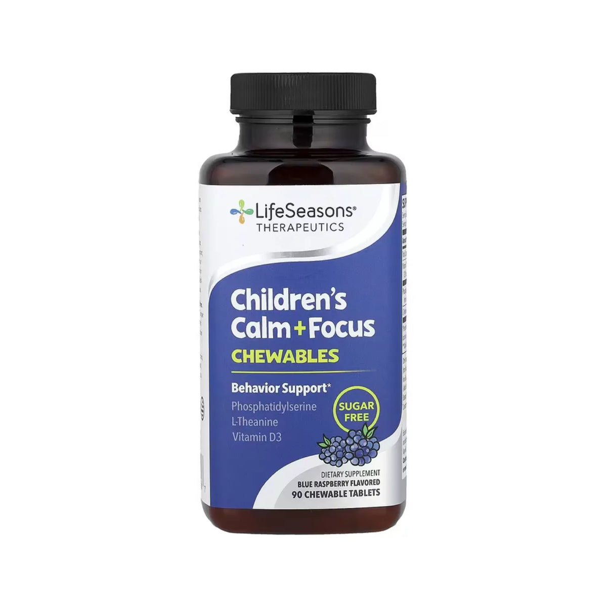 LifeSeasons, Calma + Concentración, Para Niños (Apoya La Función Cognitiva Saludable), Frambuesa Azul, 90 Tabeltas Masticables