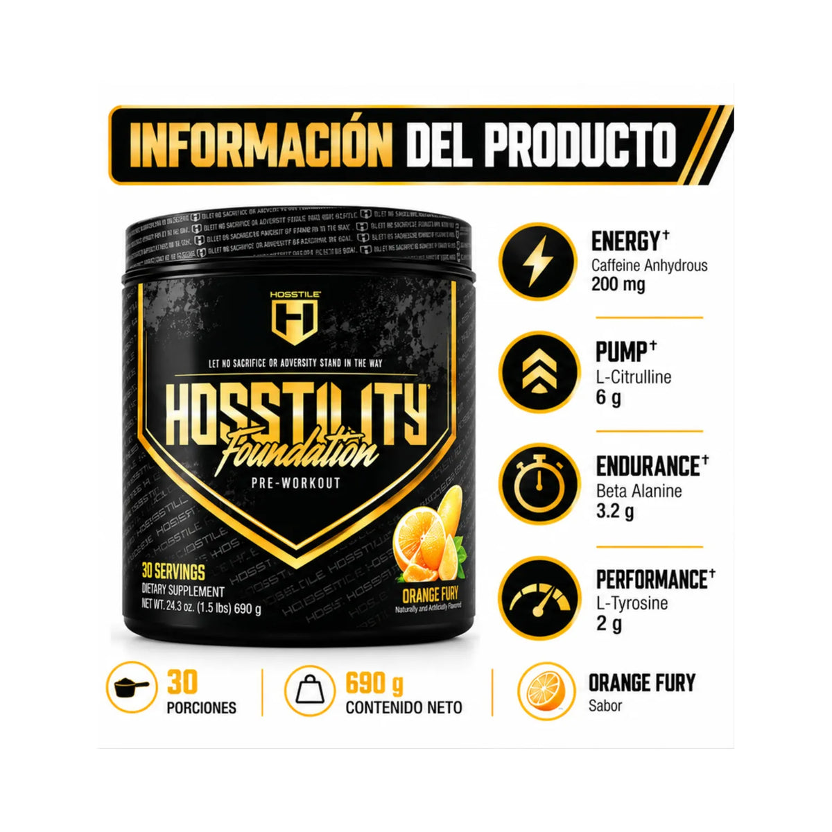 Hosstility Hostile Pre-Workout | Pre Entreno con Citrulina, Beta-Alanina y Cafeína | 30 Servicios | Sabor Orange Fury
