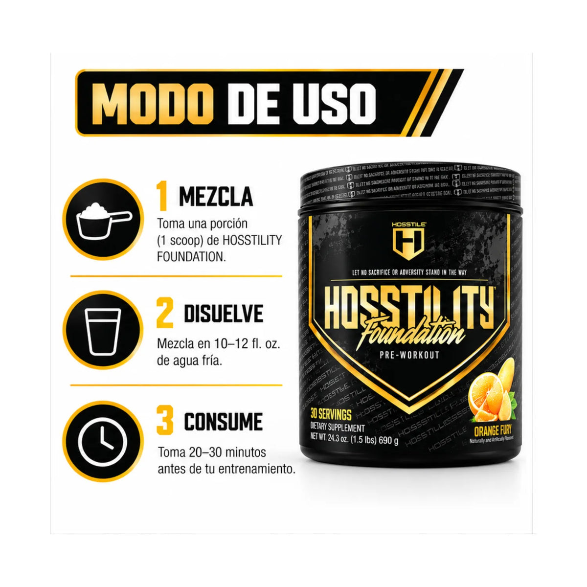 Hosstility Hostile Pre-Workout | Pre Entreno con Citrulina, Beta-Alanina y Cafeína | 30 Servicios | Sabor Orange Fury