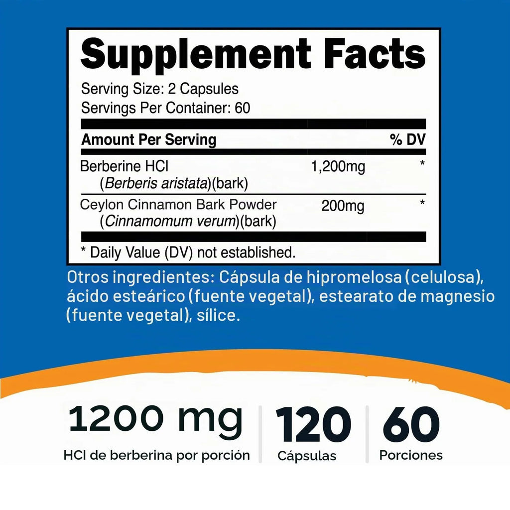 Nutricost Berberina Hcl con Cápsulas de Canela de Ceilán,1200 MG de Berberina y 200 MG de Ceylon por Porción, 120 Cápsulas, 60 Porciónes