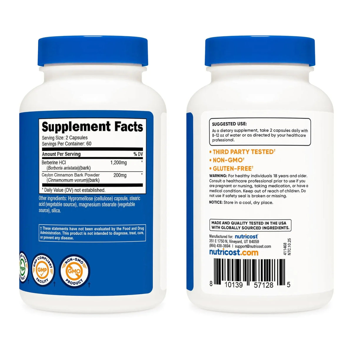 Nutricost Berberina Hcl con Cápsulas de Canela de Ceilán,1200 MG de Berberina y 200 MG de Ceylon por Porción, 120 Cápsulas, 60 Porciónes