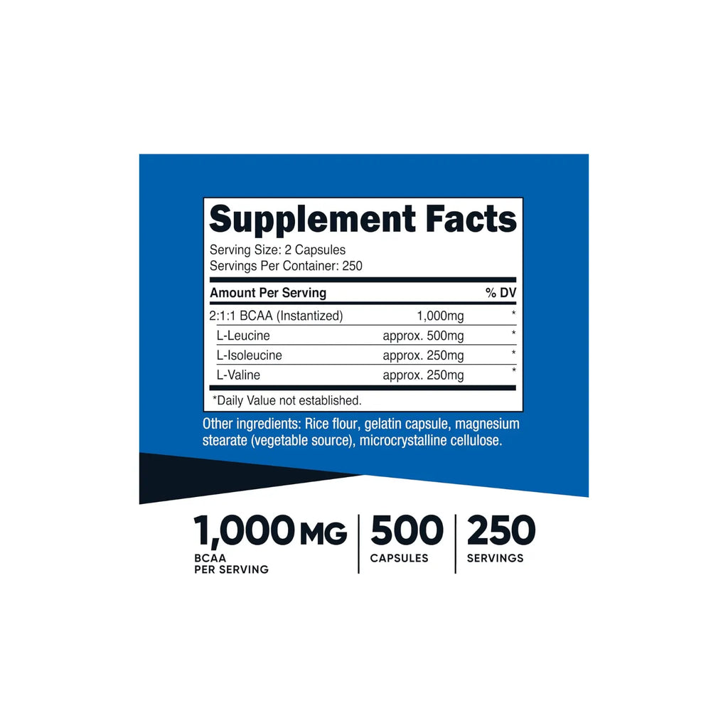 Nutricost Bcaa 2:1:1 Aminoacidos 500mg Rendimiento y recuperacion                 (500 mg por cápsula)