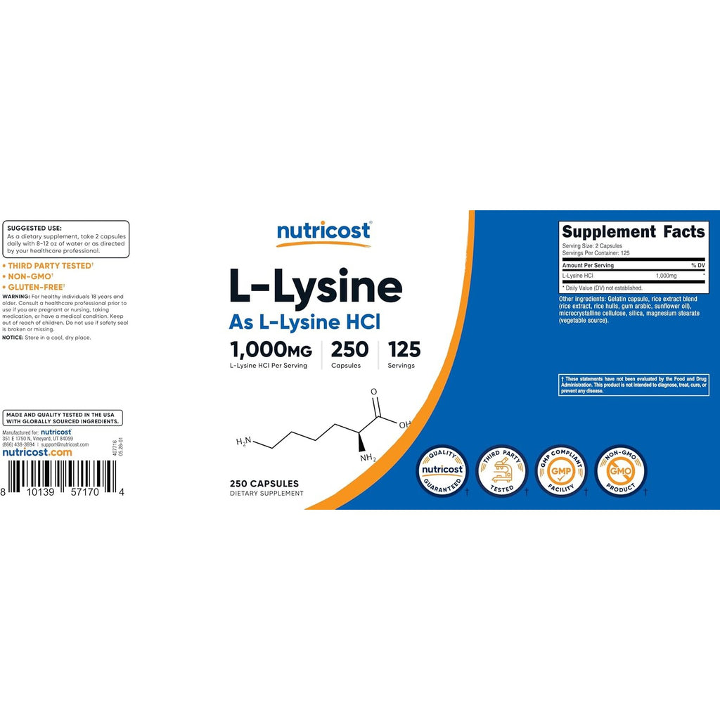 Nutricost L-Lisina 500 mg 250 Cápsulas