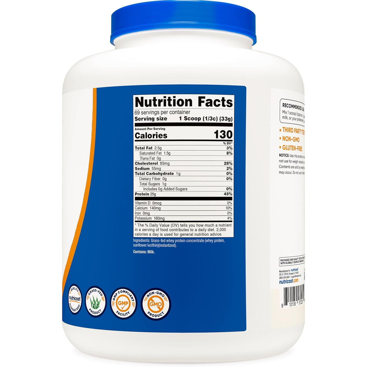 Nutricost Concentrado de Proteína de Suero Grass-Fed 5 lb Sin Sabor
