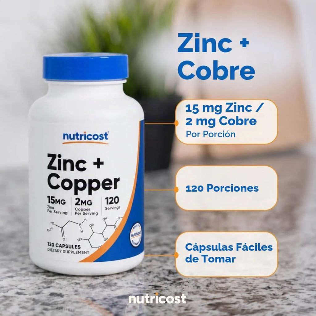 Nutricost Cápsulas de zinc + cobre (120 porciones) (15 mg de zinc + 2 mg de cobre por porción), sin OMG, vegetariano