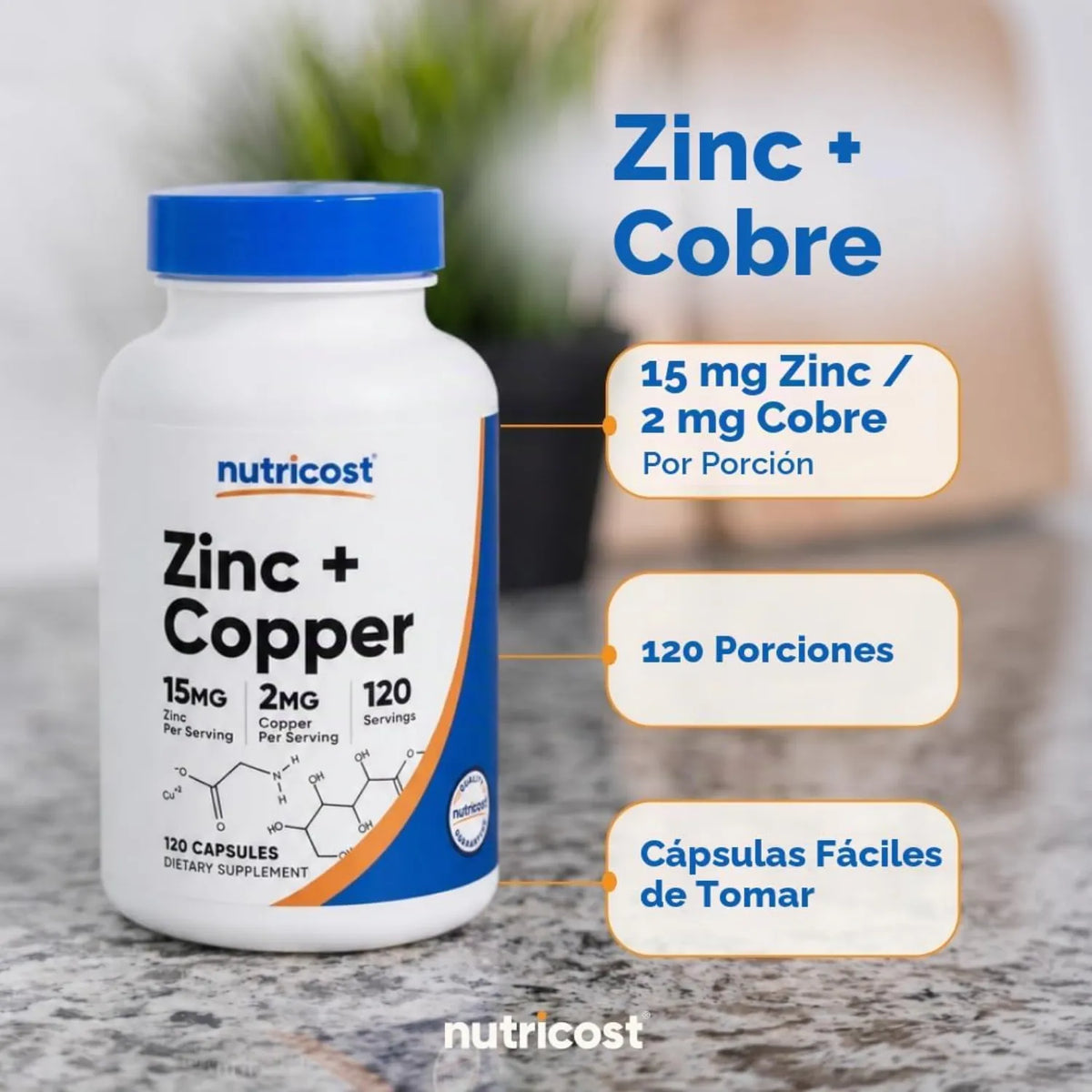 Nutricost Cápsulas de zinc + cobre (120 porciones) (15 mg de zinc + 2 mg de cobre por porción), sin OMG, vegetariano