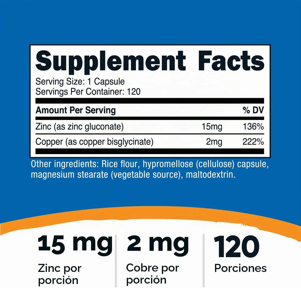 Nutricost Cápsulas de zinc + cobre (120 porciones) (15 mg de zinc + 2 mg de cobre por porción), sin OMG, vegetariano