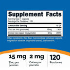Nutricost Cápsulas de zinc + cobre (120 porciones) (15 mg de zinc + 2 mg de cobre por porción), sin OMG, vegetariano