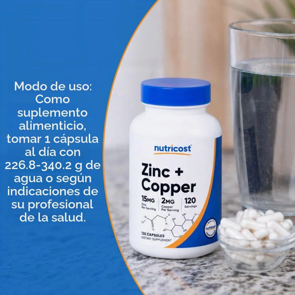 Nutricost Cápsulas de zinc + cobre (120 porciones) (15 mg de zinc + 2 mg de cobre por porción), sin OMG, vegetariano