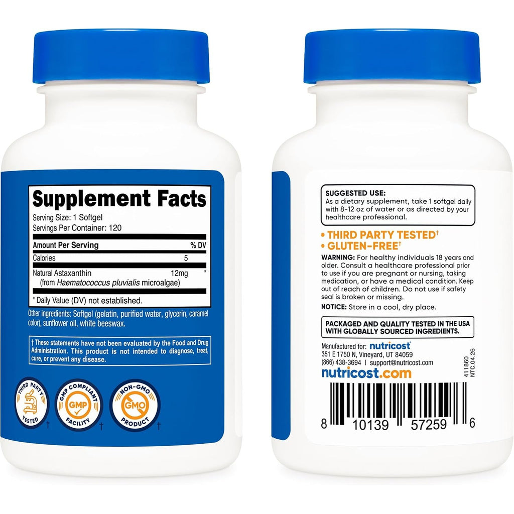 Nutricost Astaxantina 12 mg Sin OMG y Sin Gluten 120 Cápsulas Blandas
