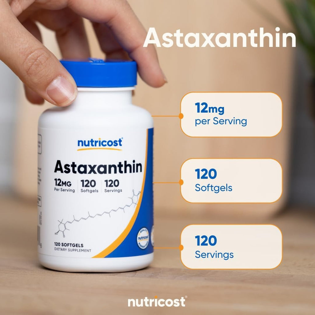 Nutricost Astaxantina 12 mg Sin OMG y Sin Gluten 120 Cápsulas Blandas