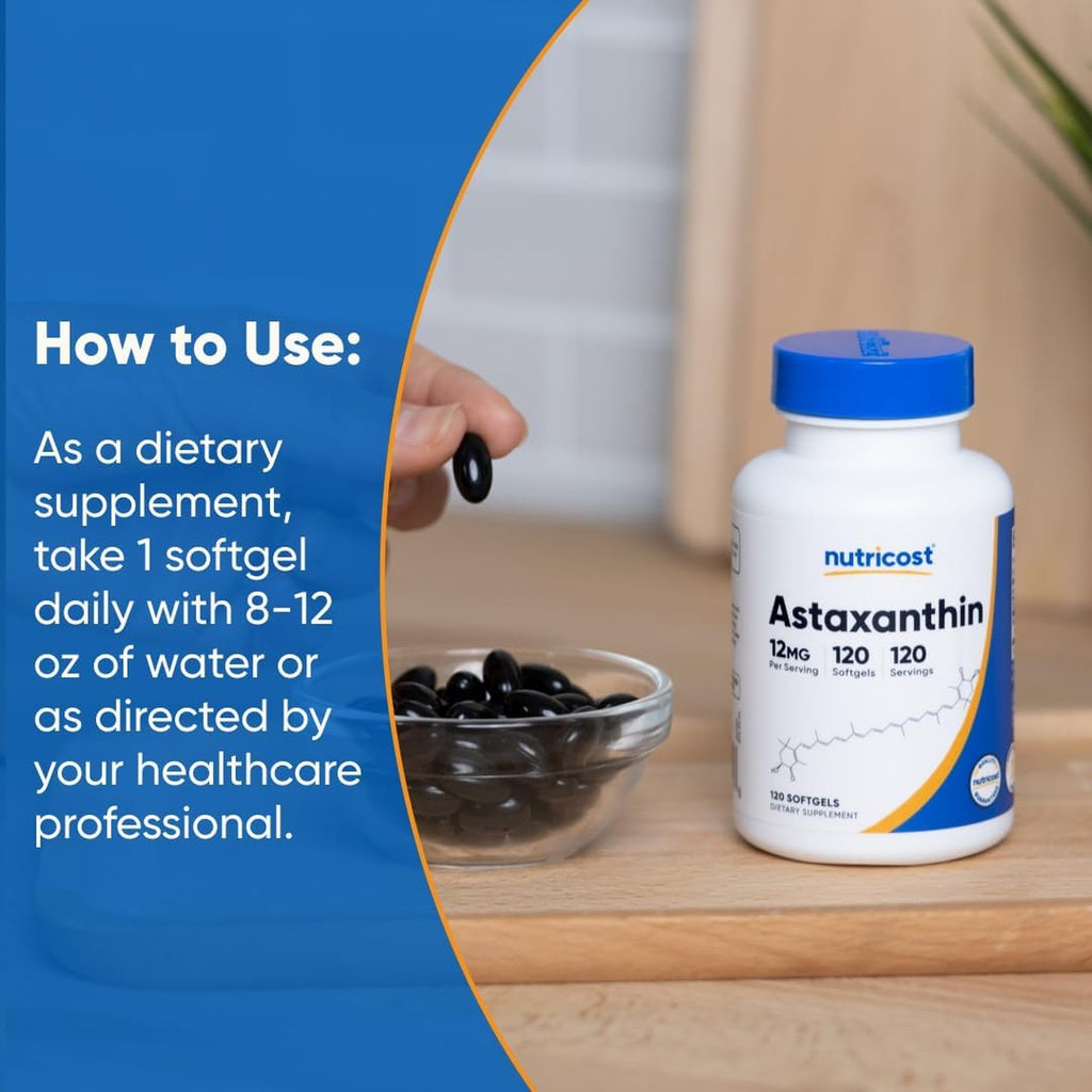Nutricost Astaxantina 12 mg Sin OMG y Sin Gluten 120 Cápsulas Blandas