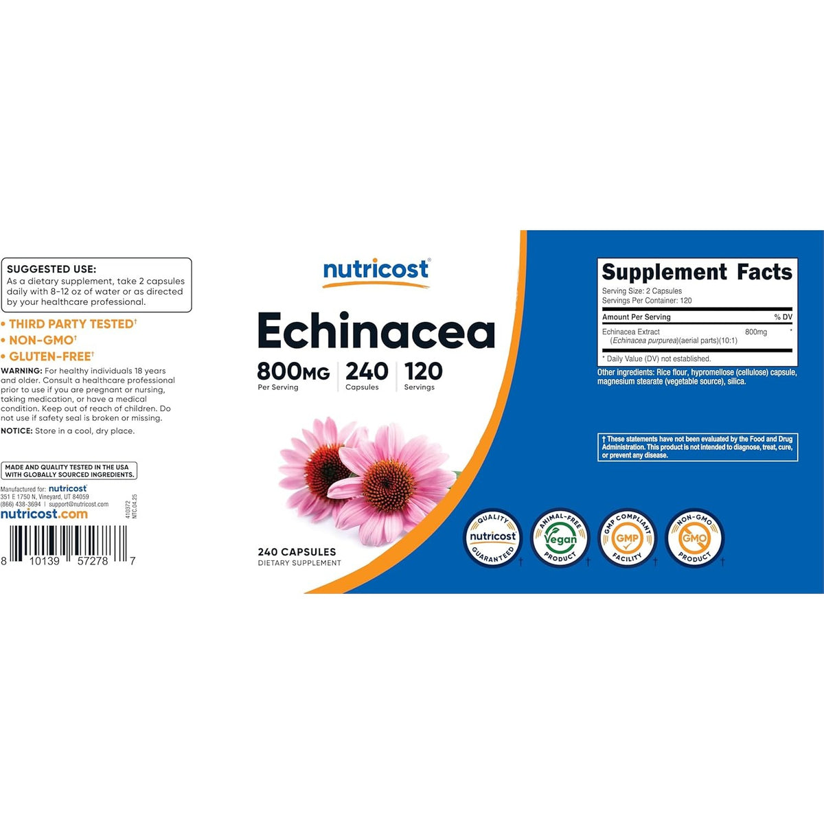Nutricost Equinácea 800 mg 240 Cápsulas Vegetales
