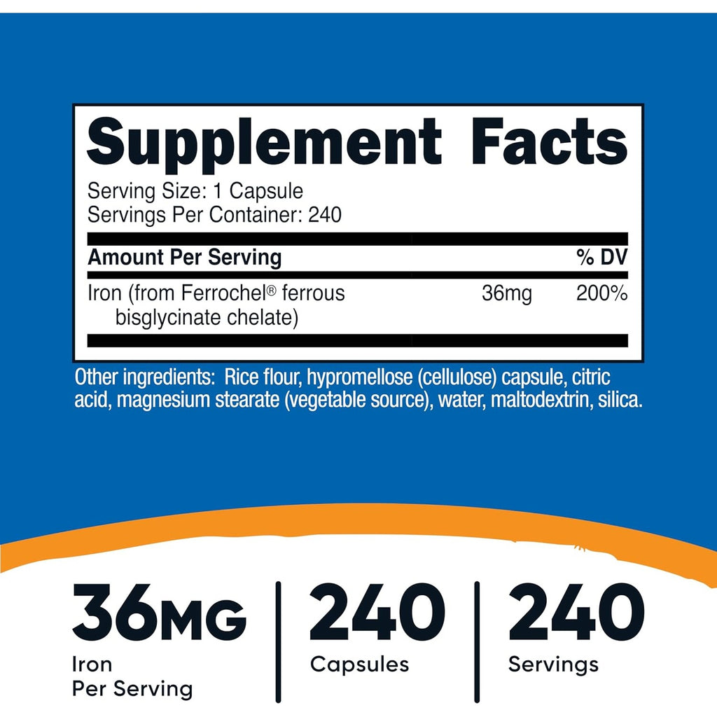 Nutricost Hierro Quelado Ferrochel 36 mg 240 Cápsulas Vegetales