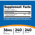 Nutricost Hierro Quelado Ferrochel 36 mg 240 Cápsulas Vegetales