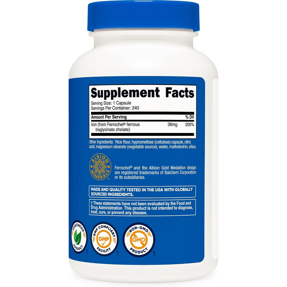 Nutricost Hierro Quelado Ferrochel 36 mg 240 Cápsulas Vegetales