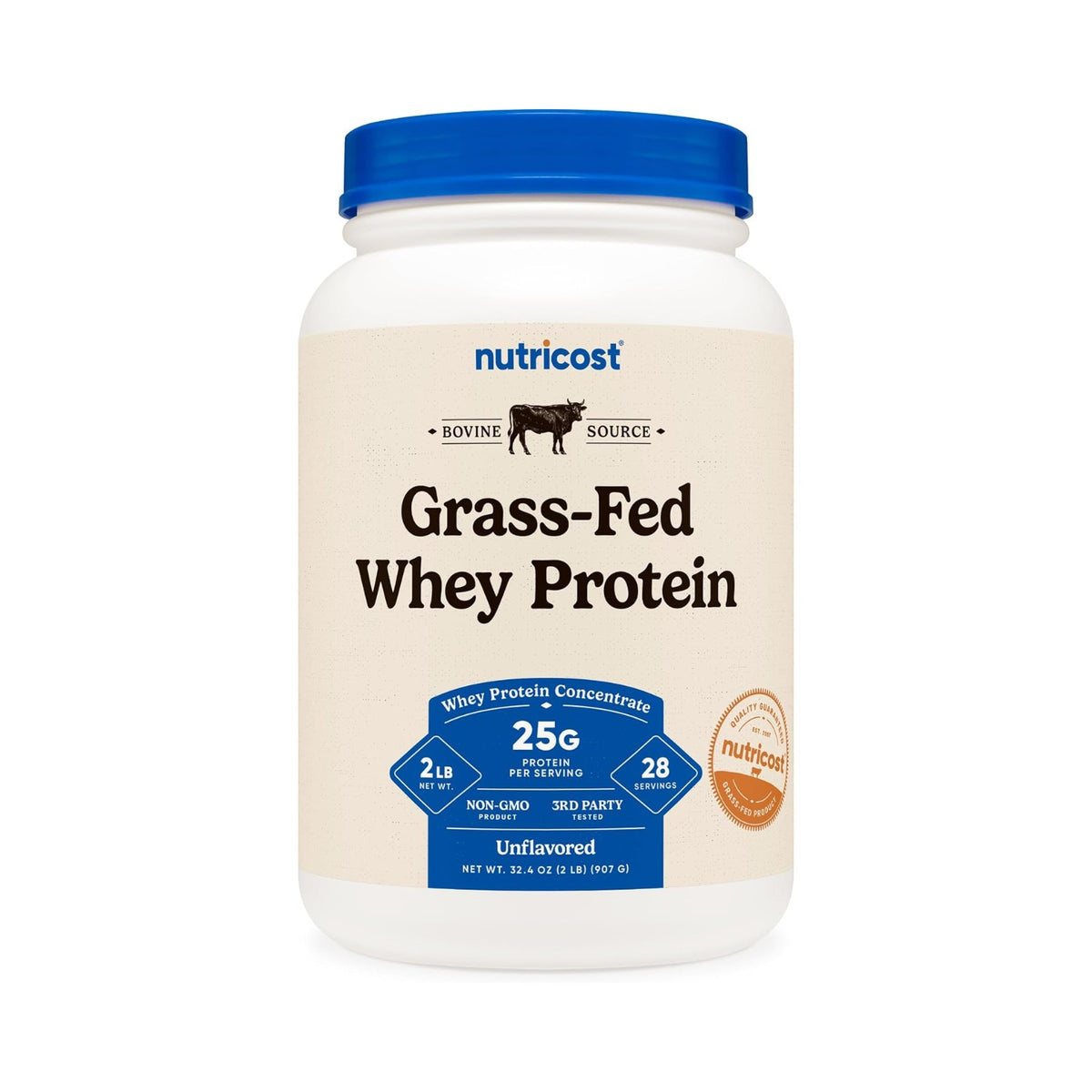 Nutricost Concentrado de Proteína de Suero Grass Fed en Polvo 2 lb Sin Sabor