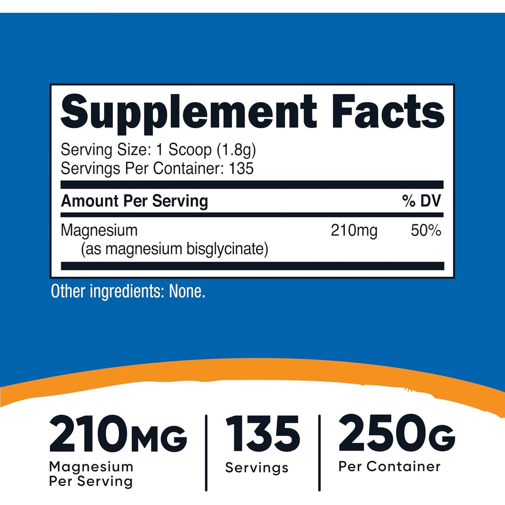 Nutricost Bisglicinato de Magnesio en Polvo 210 mg 250 g Sin Sabor