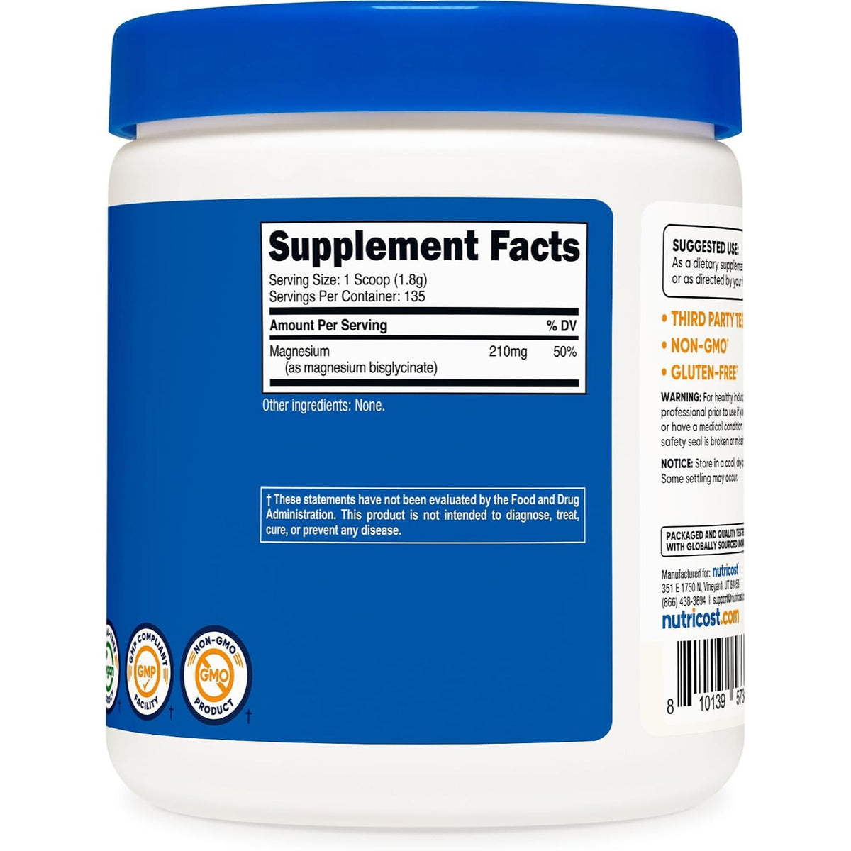 Nutricost Bisglicinato de Magnesio en Polvo 210 mg 250 g Sin Sabor
