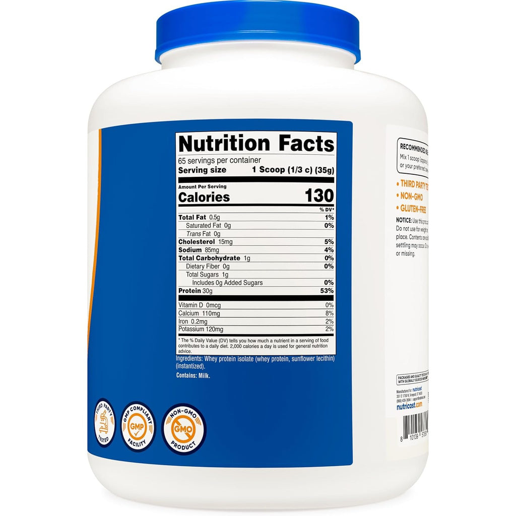 Nutricost Aislado de Proteína de Suero en Polvo 5 lb Sin Sabor