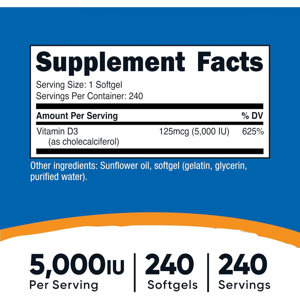 Nutricost Vitamina D3 5000 UI 30 Cápsulas Blandas