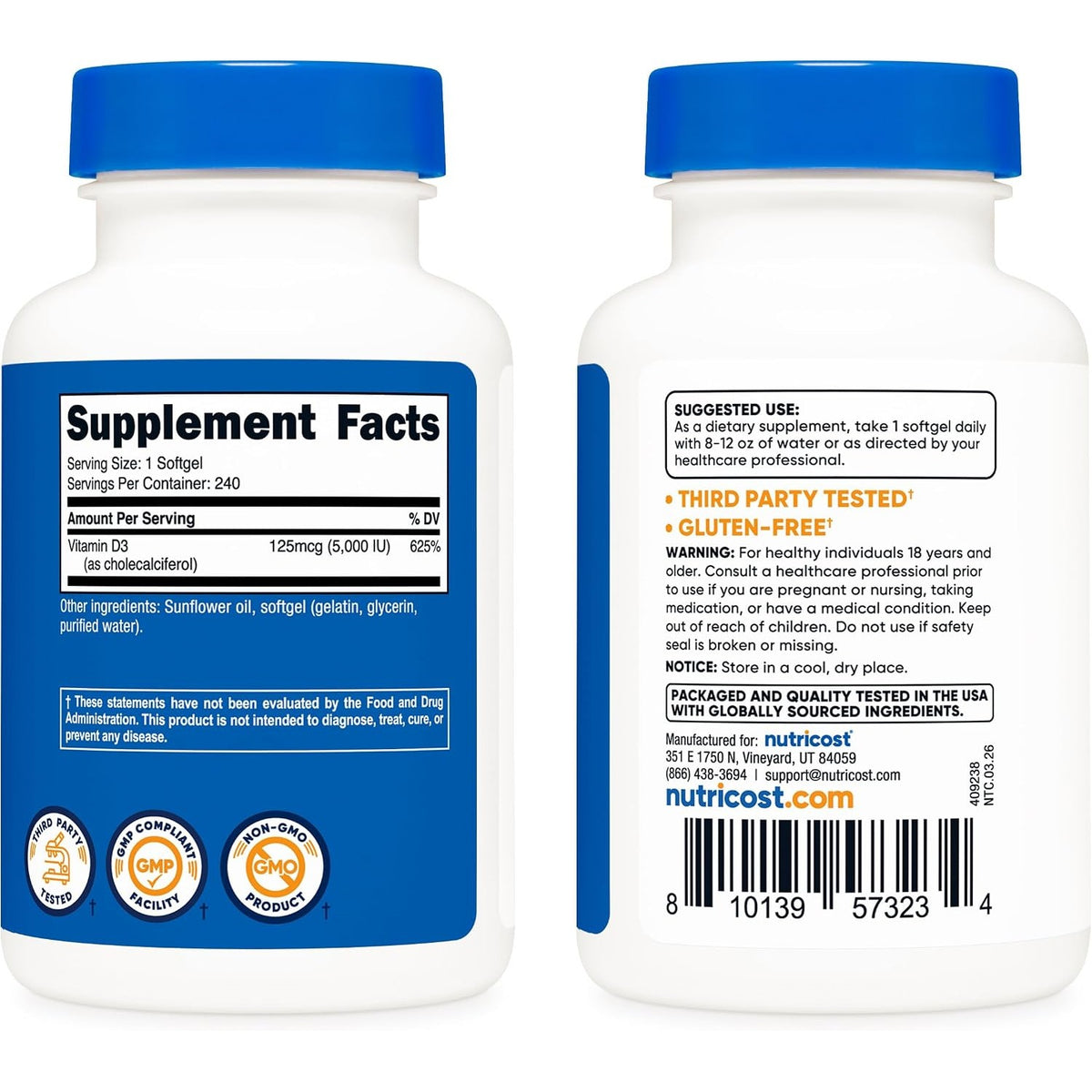 Nutricost Vitamina D3 5000 UI 30 Cápsulas Blandas