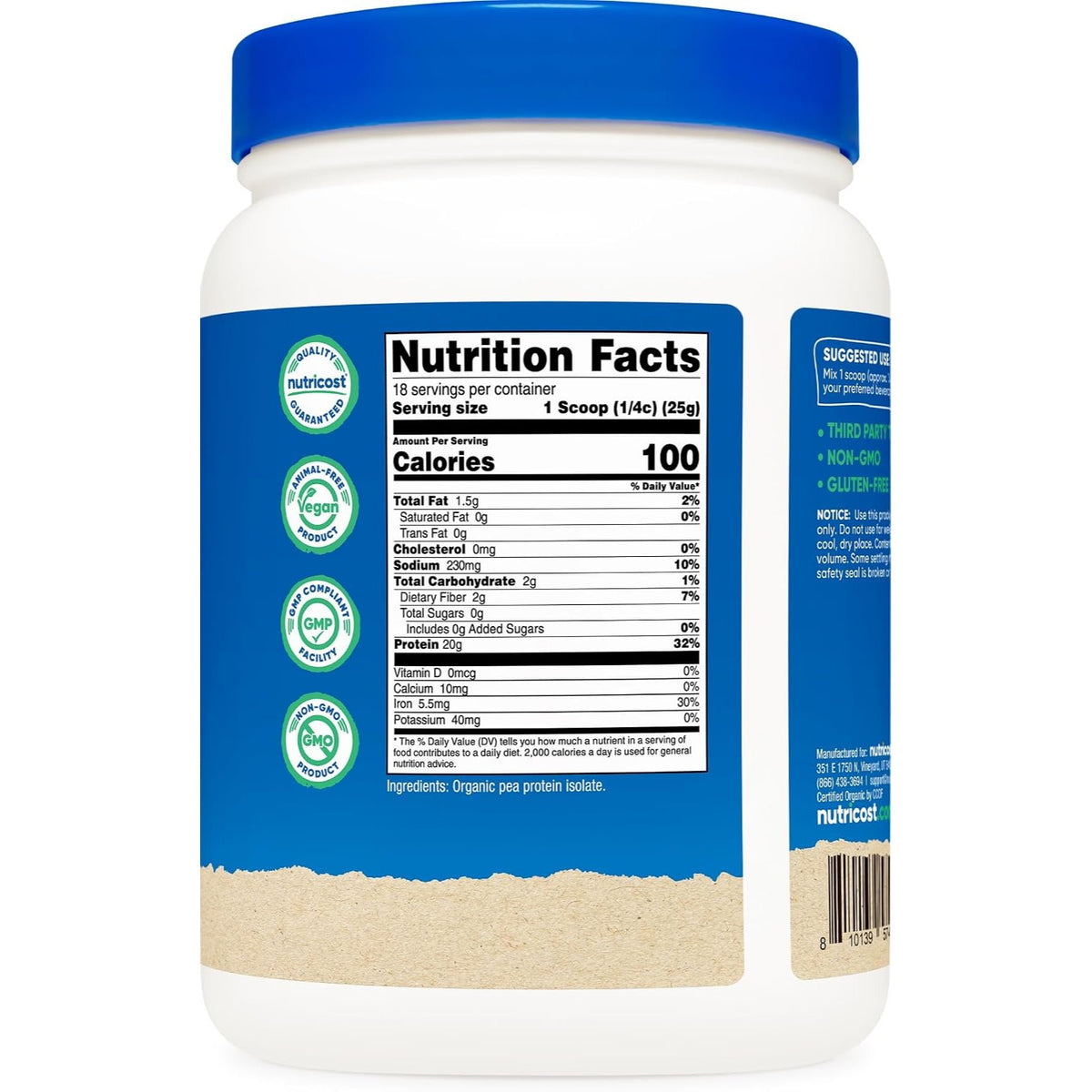 Nutricost Proteína de Chícharo Orgánica en Polvo 1 lb Sin Sabor