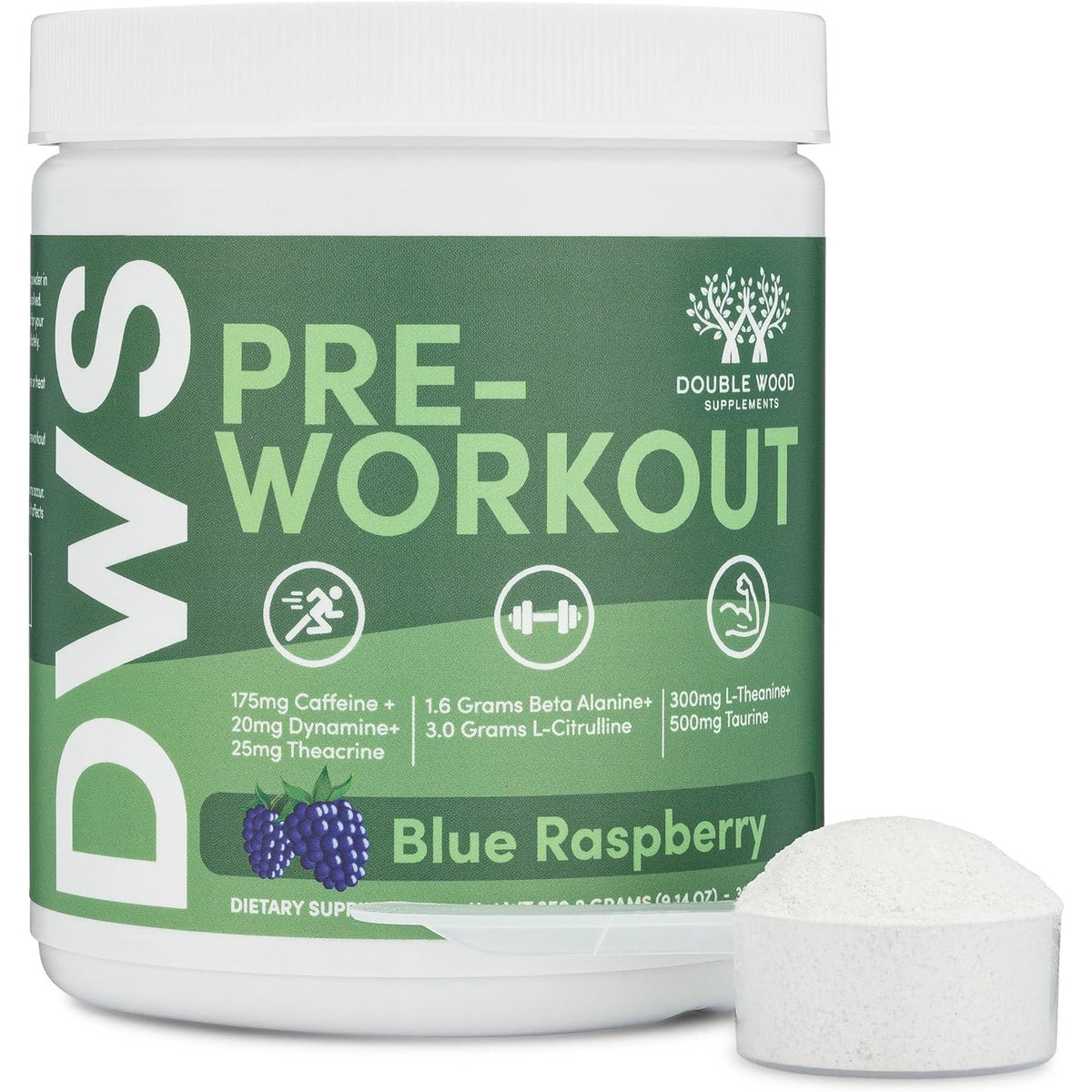 Double Wood Pre-Entreno 175 mg de Cafeína 30 Porciones Polvo Sabor Frambuesa Azul