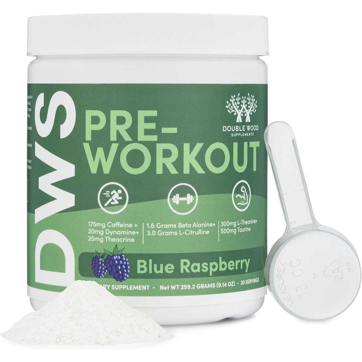 Double Wood Pre-Entreno 175 mg de Cafeína 30 Porciones Polvo Sabor Frambuesa Azul