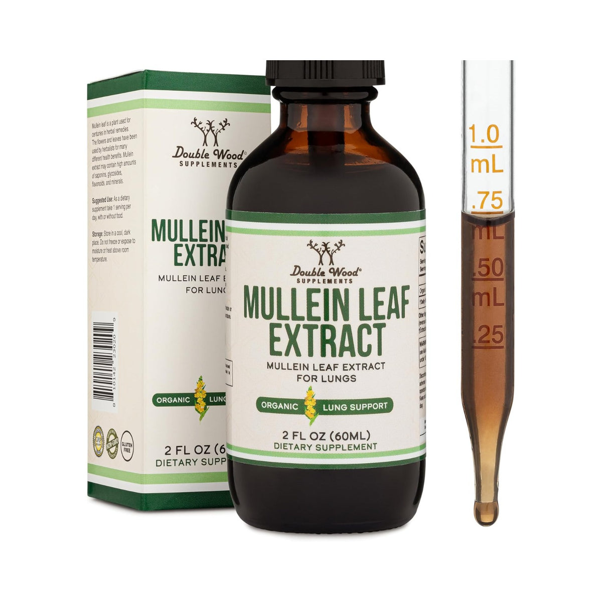 Double Wood Gordolobo Orgánico (Hoja de Mullein) 1160 mg 60 Porciones Gotas sin Alcohol