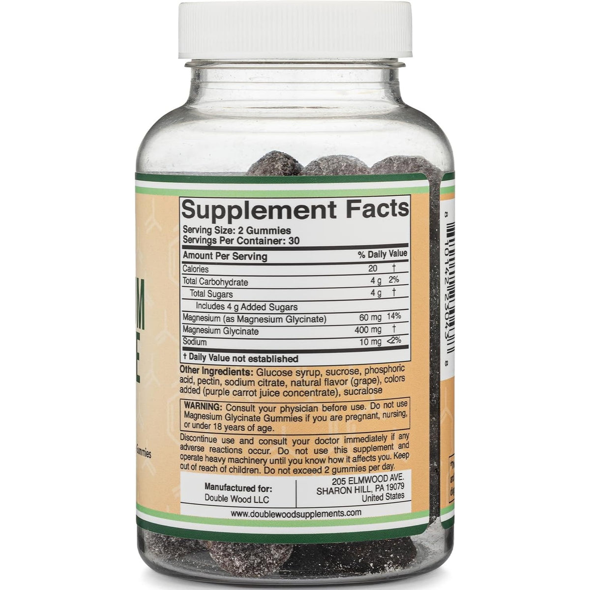 Double Wood Glicinato de Magnesio 400 mg 30 Porciones Gomitas Sabor Uva