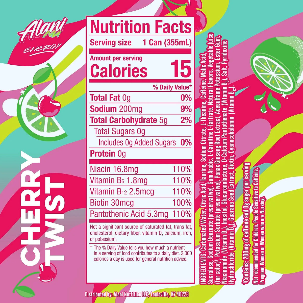 Alani Nu Energy | Bebida Energética con 200 mg de Cafeína | 12 Latas de 355 ml | Sabor Cherry Twist | Energía y Concentración