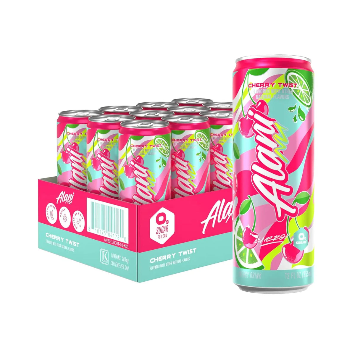 Alani Nu Energy | Bebida Energética con 200 mg de Cafeína | 12 Latas de 355 ml | Sabor Cherry Twist | Energía y Concentración