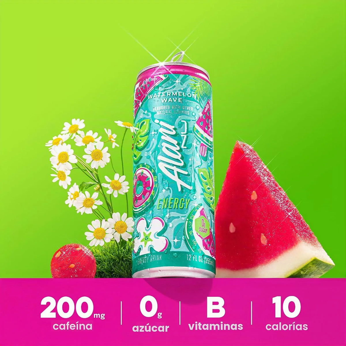 Alani Nutrition Energy | Pre Entreno RTD con 200 mg de Cafeína | 12 Latas de 355 ml | Sabor Watermelon Wave