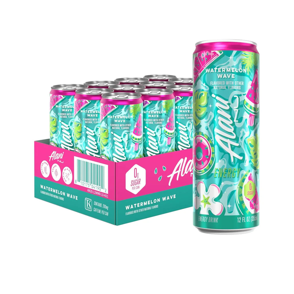 Alani Nutrition Energy | Pre Entreno RTD con 200 mg de Cafeína | 12 Latas de 355 ml | Sabor Watermelon Wave