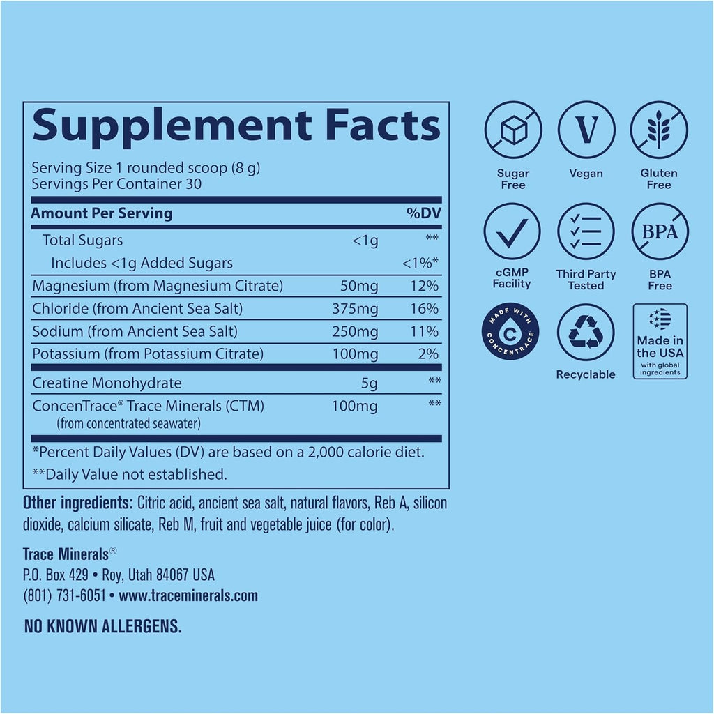 Trace Minerals Creatina+electrolitos 240 G Rendimiento Sandia Tropical – Hidratación