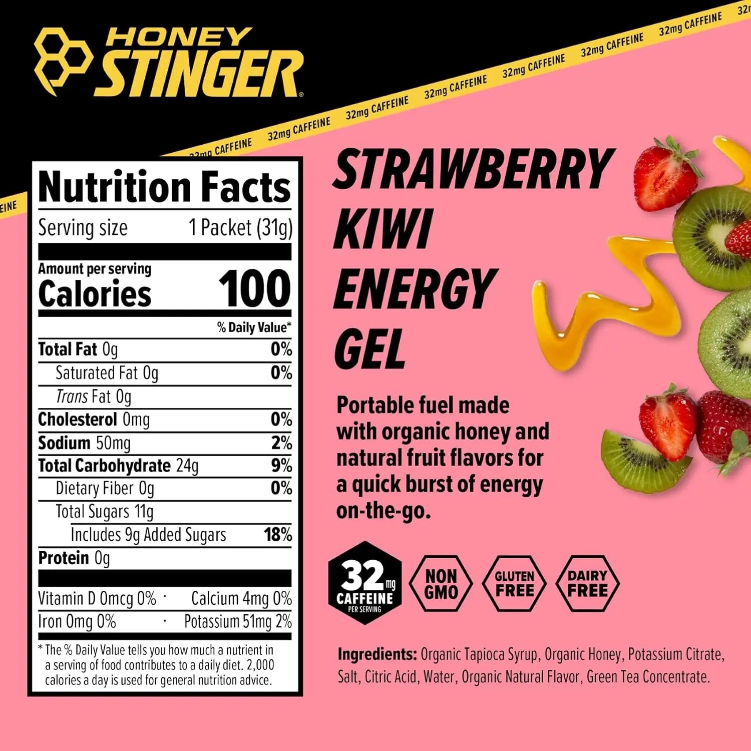 Honey Stinger Energy Gel Plus, Con Cafeína 32mg 24pz/31g Sfn STRAWBERRY KIWI