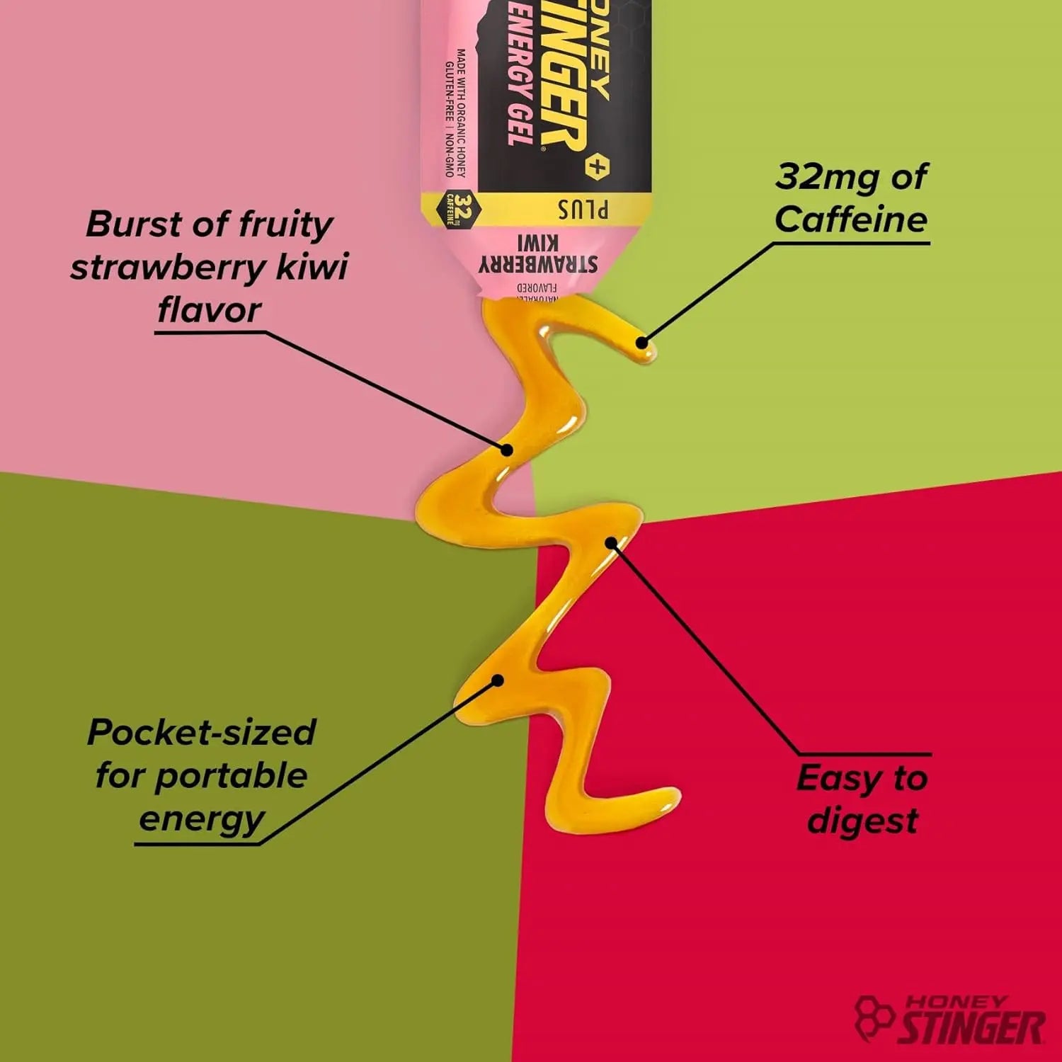 Honey Stinger Energy Gel Plus, Con Cafeína 32mg 24pz/31g Sfn STRAWBERRY KIWI